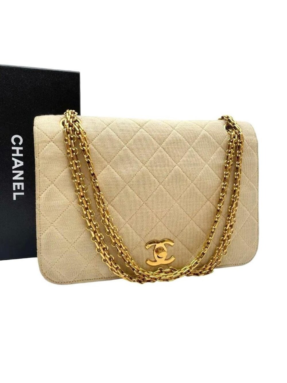 Chanel Cotton Quilted Double Chain Shoulder Bag CC Logo